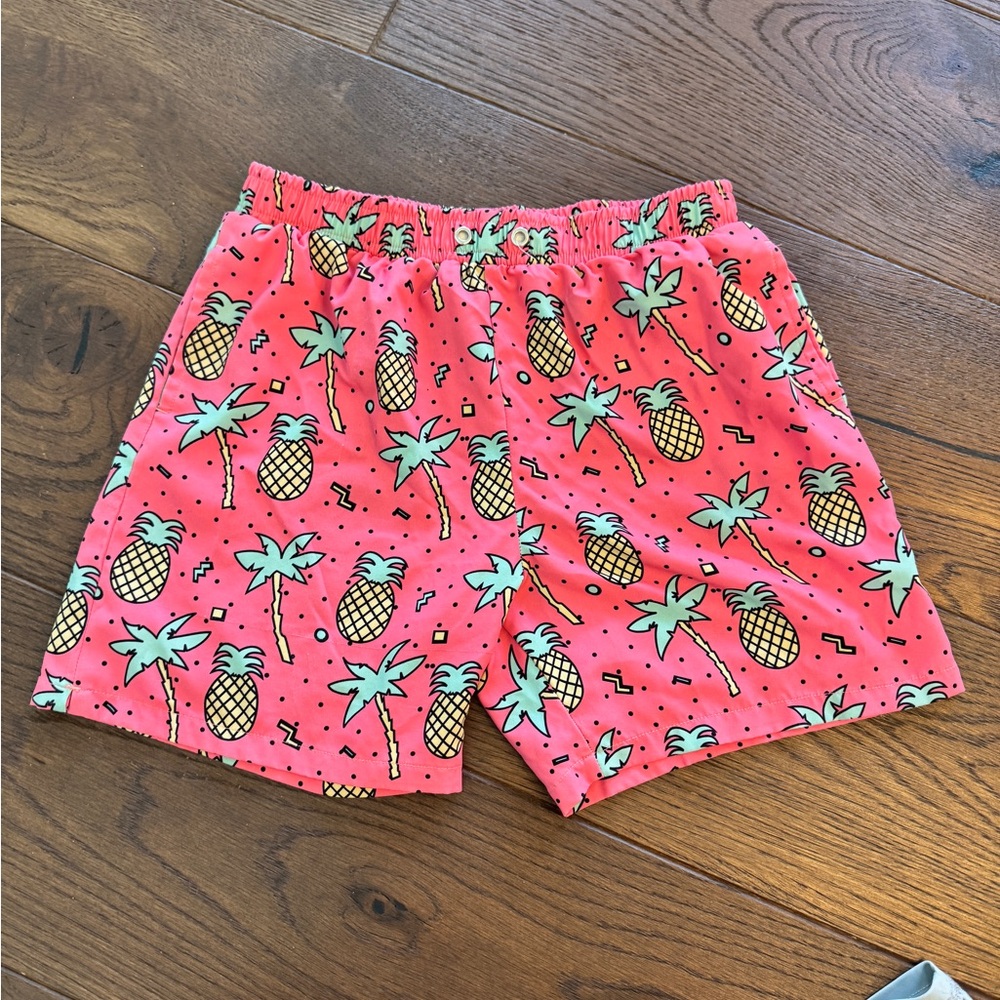 Amazon Kids Swim Trunks in Coral with Mint and Yellow Pineapple Print